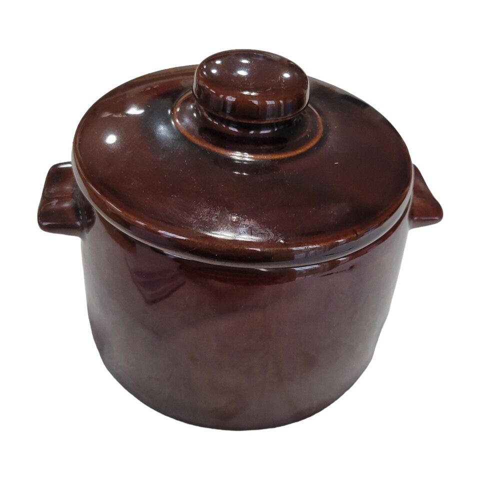 Vintage 1950s West Bend Genuine Glazed Large 6" Stoneware Lidded Bean Pot